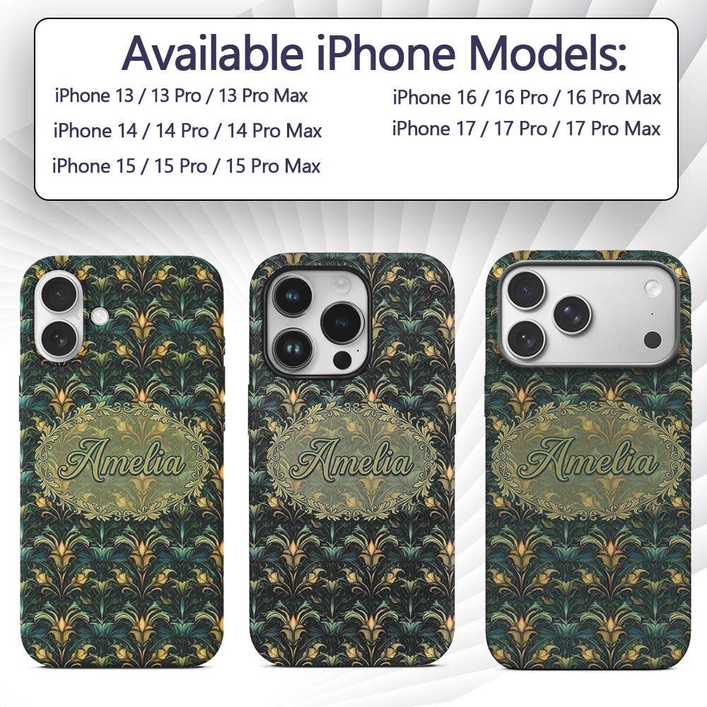Art Nouveau Teal Gold Botanical Seamless Pattern Custom Name Protective Phone Case Mobile Cover Durable Everyday Smartphone Shock Resistant