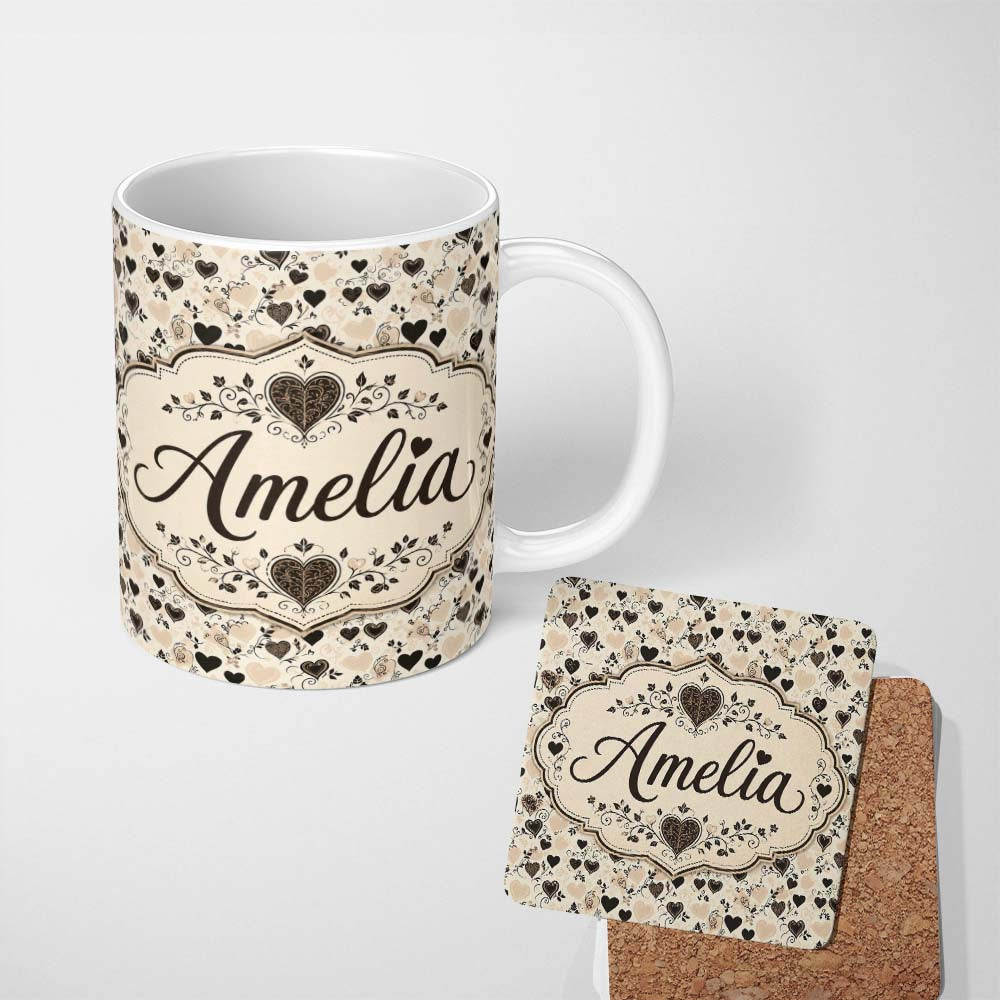 Personalized Custom Name Vintage Beige and Brown Floral Heart Swirl Seamless Pattern Lovely 11oz Ceramic Coffee Tea Mug White Large Handle