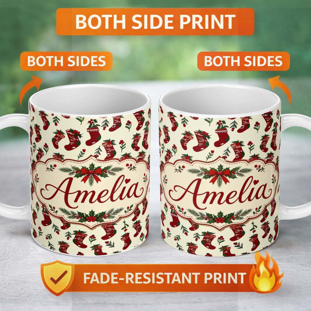 Personalized Custom Name Cute Christmas Stockings Holly Berries and Festive Holiday Elements 11oz Ceramic Coffee Tea Mug White Large Handle