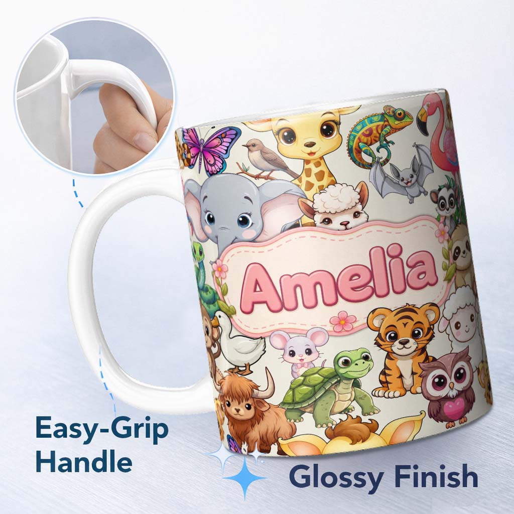 Personalized Custom Name Cute Cartoon Jungle Safari Animals Seamless Pattern on Cream Lovely 11oz Ceramic Coffee Tea Mug White Large Handle