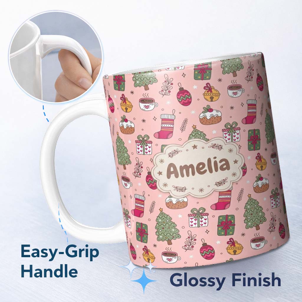 Personalized Custom Name Cute Christmas Tree Gift Coffee Sock Ornament Seamless Pattern 11oz Ceramic Coffee Tea Mug White Large Handle
