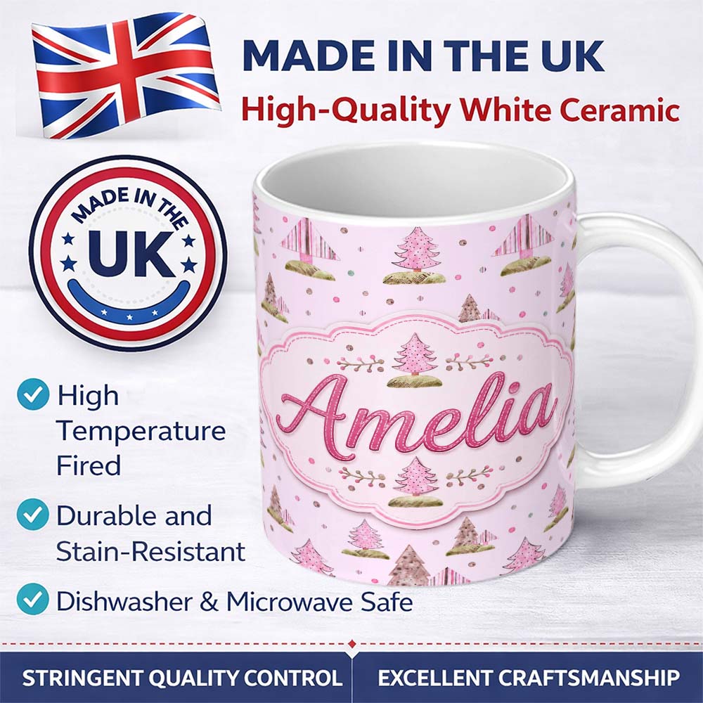 Personalized Custom Name Watercolor Pink Winter Forest Tree Hill Seamless Pattern Lovely 11oz Ceramic Coffee Tea Mug White Large Handle