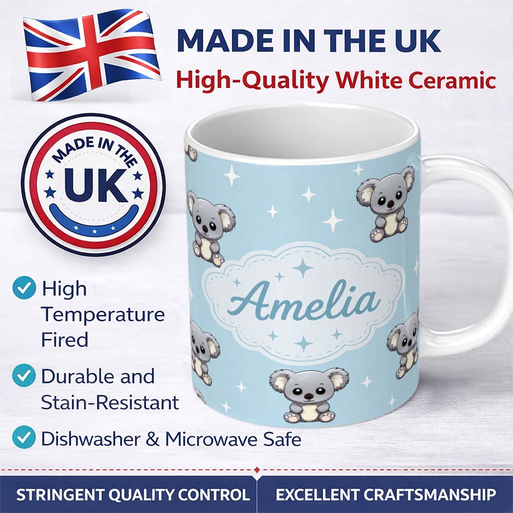 Personalized Custom Name Cute Cartoon Koala Bears with Stars on Blue Background Seamless 11oz Ceramic Coffee Tea Mug White Large Handle