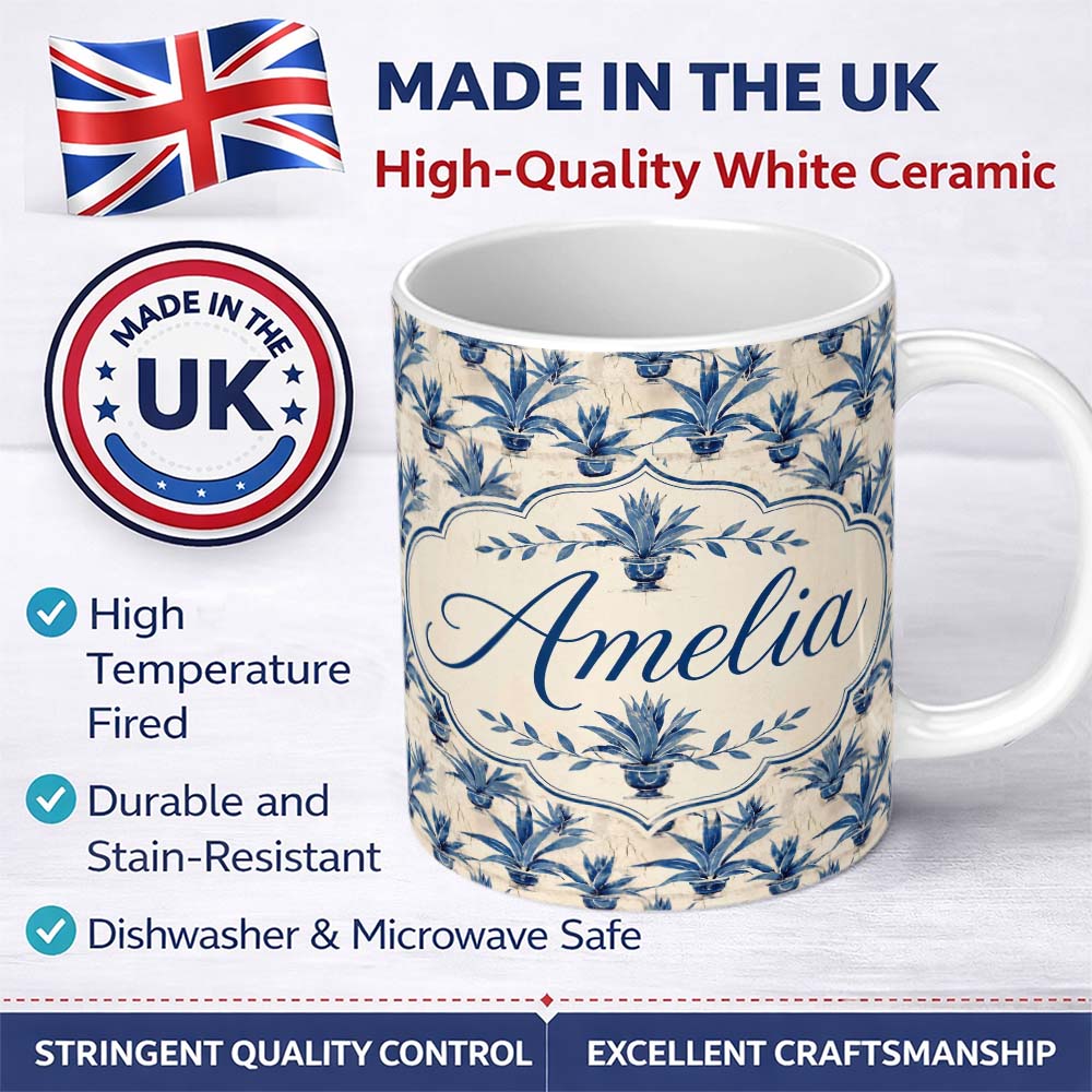 Personalized Custom Name Blue Potted Plant Botanical Vintage Seamless Pattern Lovely 11oz Ceramic Coffee Tea Mug White Large Handle