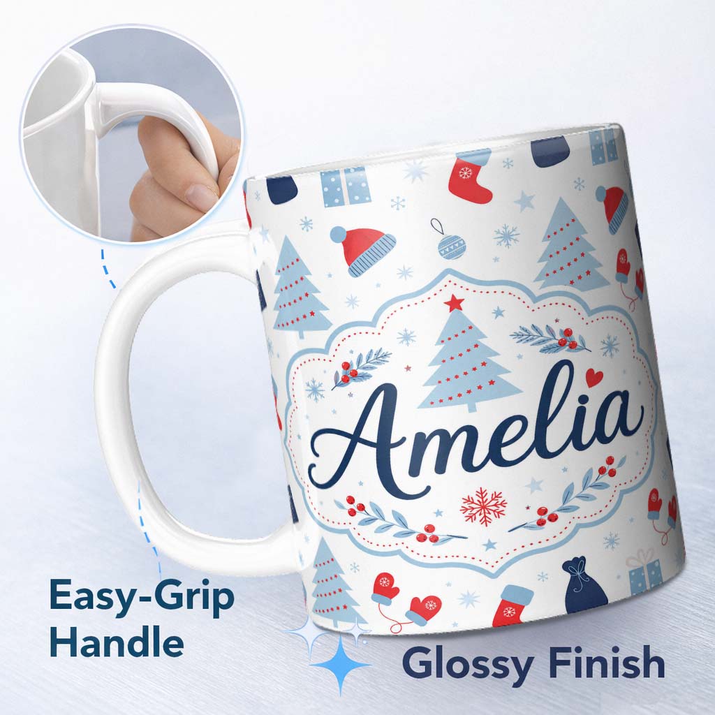 Personalized Custom Name Christmas Gifts Stockings Mittens and Trees Seamless Festive Holiday 11oz Ceramic Coffee Tea Mug White Large Handle