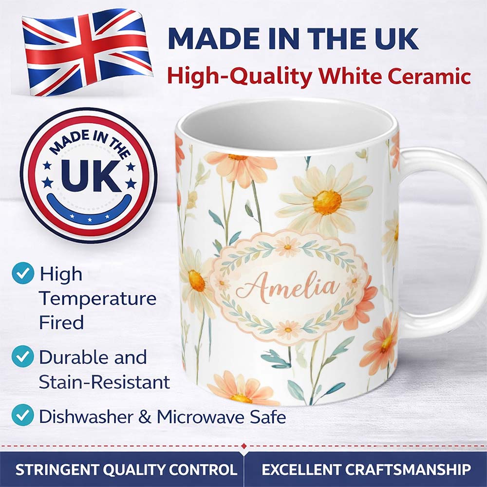 Personalized Custom Name Watercolor Peach Daisy Floral Seamless Pattern on White Background 11oz Ceramic Coffee Tea Mug White Large Handle