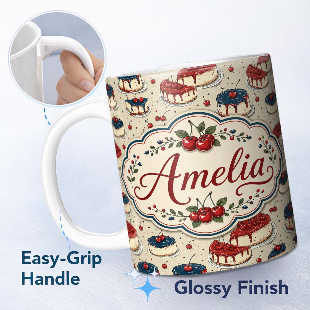 Personalized Custom Name Red and Blue Glazed Cherry Cake Dessert Seamless Pattern Lovely 11oz Ceramic Coffee Tea Mug White Large Handle