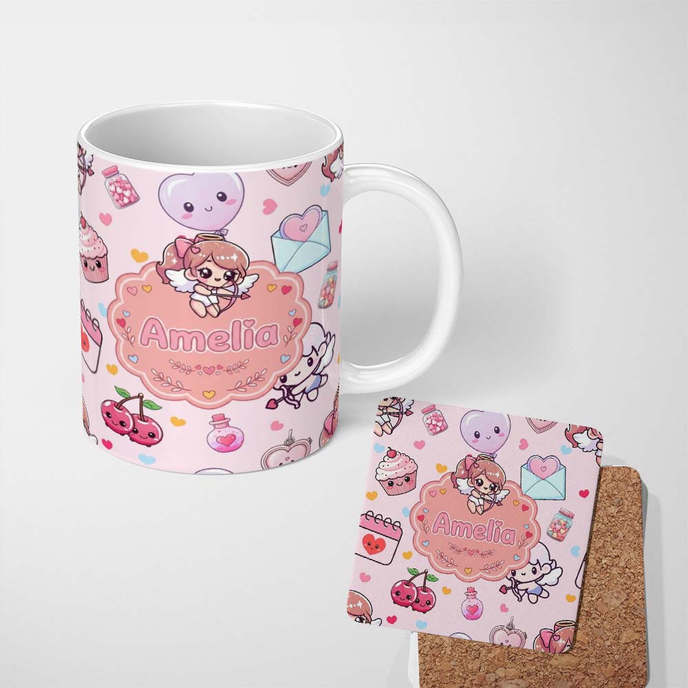 Personalized Custom Name Cute Cupid Angels Hearts Sweets Balloon Love Elements Light Grey 11oz Ceramic Coffee Tea Mug White Large Handle