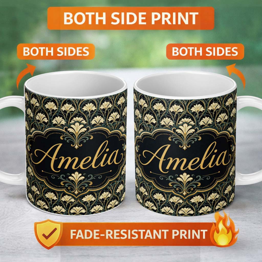 Personalized Custom Name Elegant Gold Leaf Dark Floral Seamless Pattern Name Cute Unique Gift 11oz Ceramic Coffee Tea Mug White Large Handle