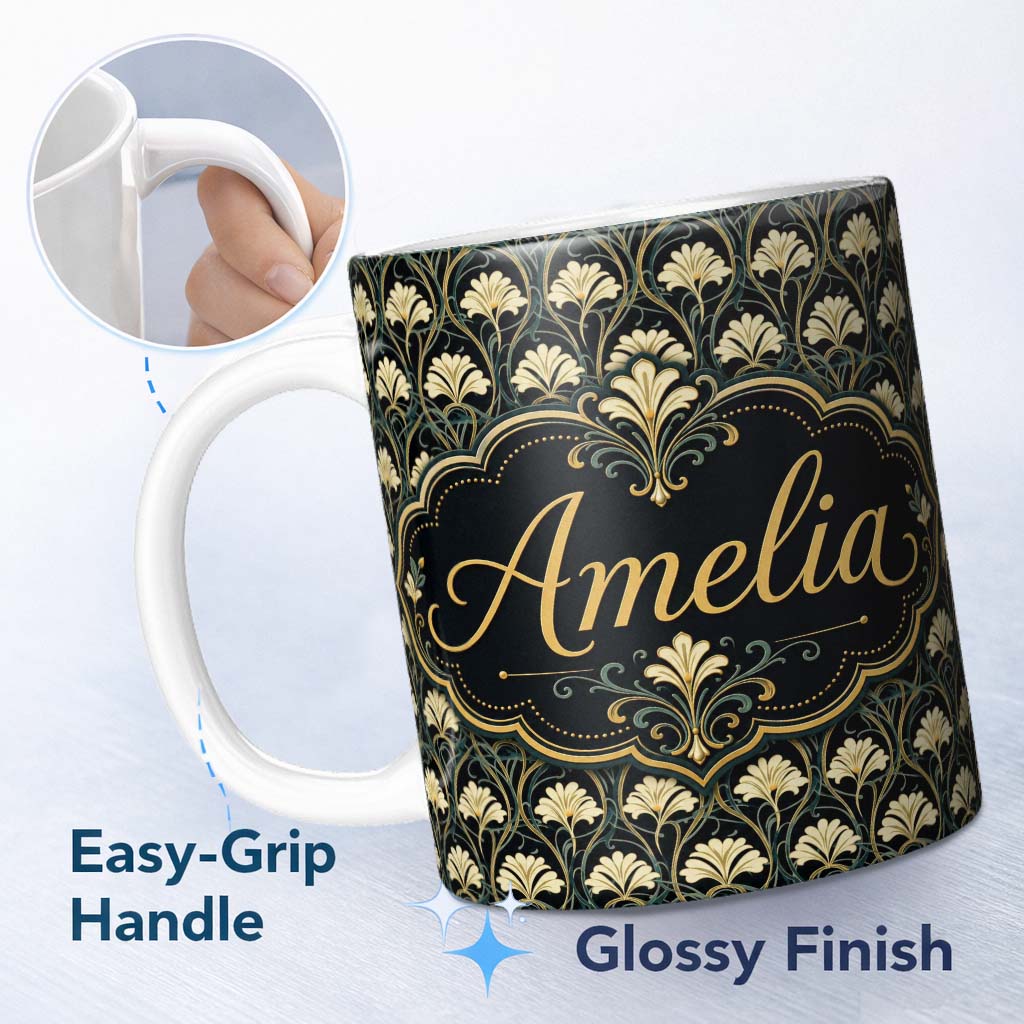 Personalized Custom Name Elegant Gold Leaf Dark Floral Seamless Pattern Name Cute Unique Gift 11oz Ceramic Coffee Tea Mug White Large Handle