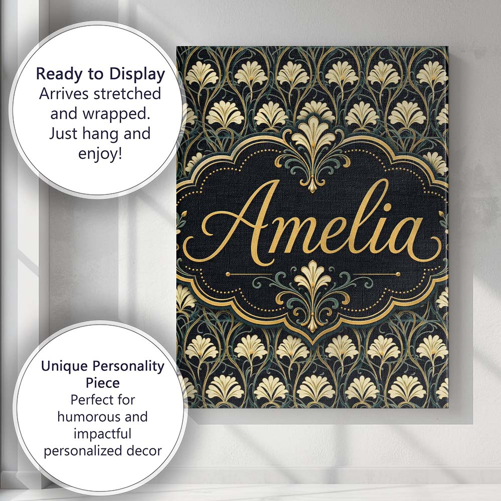 Personalised Name Elegant Gold Leaf Dark Custom Interior Decorative Contemporary Canvas Wall Art Print Decor Picture Ready to Hang