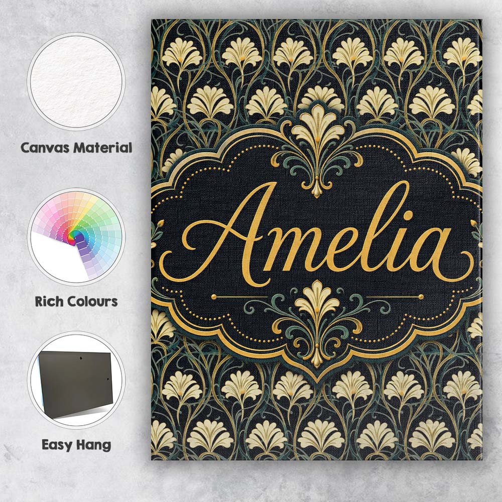 Personalised Name Elegant Gold Leaf Dark Custom Interior Decorative Contemporary Canvas Wall Art Print Decor Picture Ready to Hang