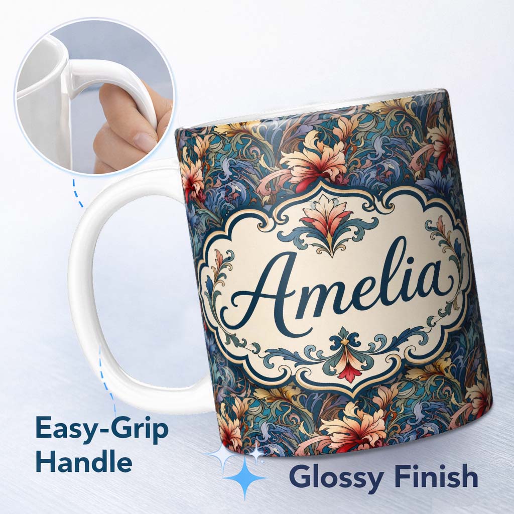 Personalized Custom Name Vintage Blue Red Floral Swirl Art Nouveau Seamless Pattern Name Cute 11oz Ceramic Coffee Tea Mug White Large Handle