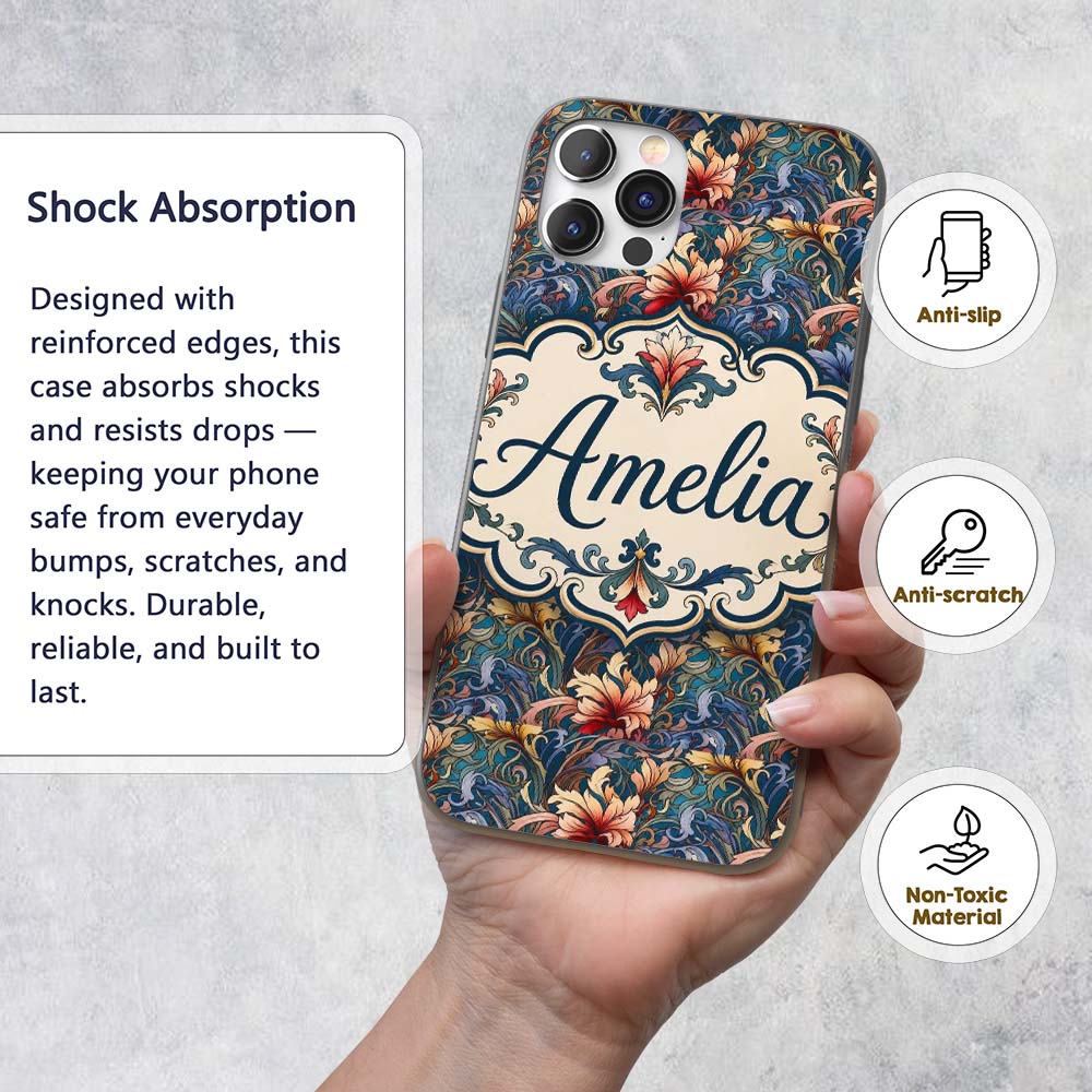 Vintage Blue Red Floral Swirl Art Printed Design Custom Name Protective Phone Case Mobile Cover Durable Everyday Smartphone Shock Resistant