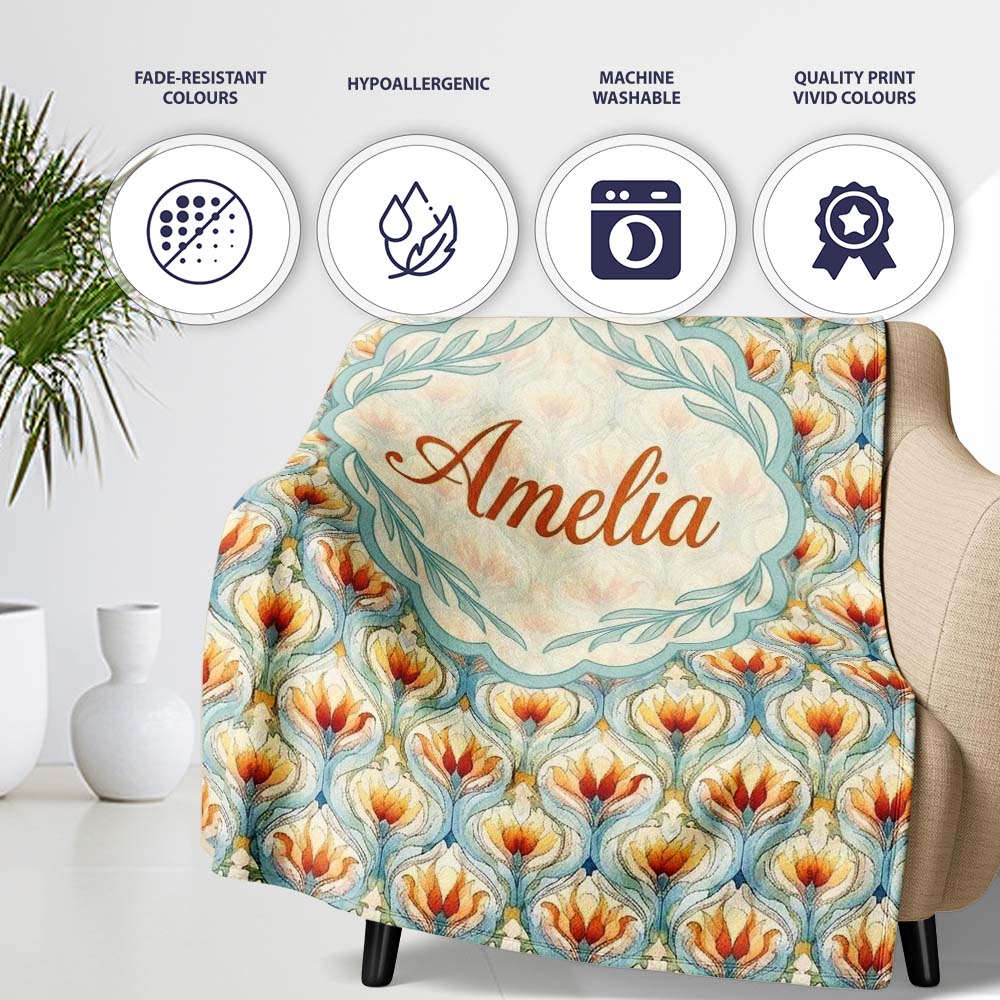 Elegant Orange Tulip Floral Lattice Seamless Pattern Name Cute Personalised Custom Name Super Soft Fleece Blanket Bed Sofa Throw