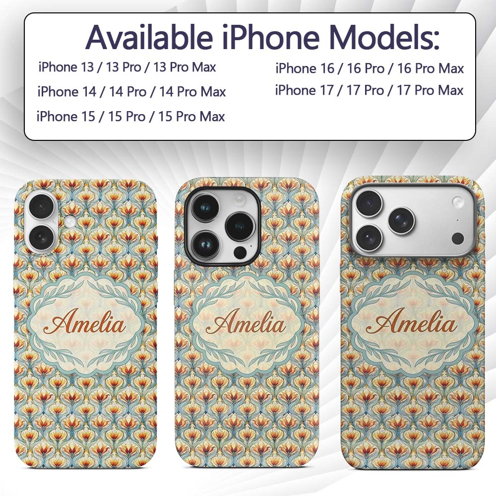 Elegant Orange Tulip Floral Lattice Seamless Custom Name Protective Phone Case Mobile Cover Durable Everyday Smartphone Shock Resistant