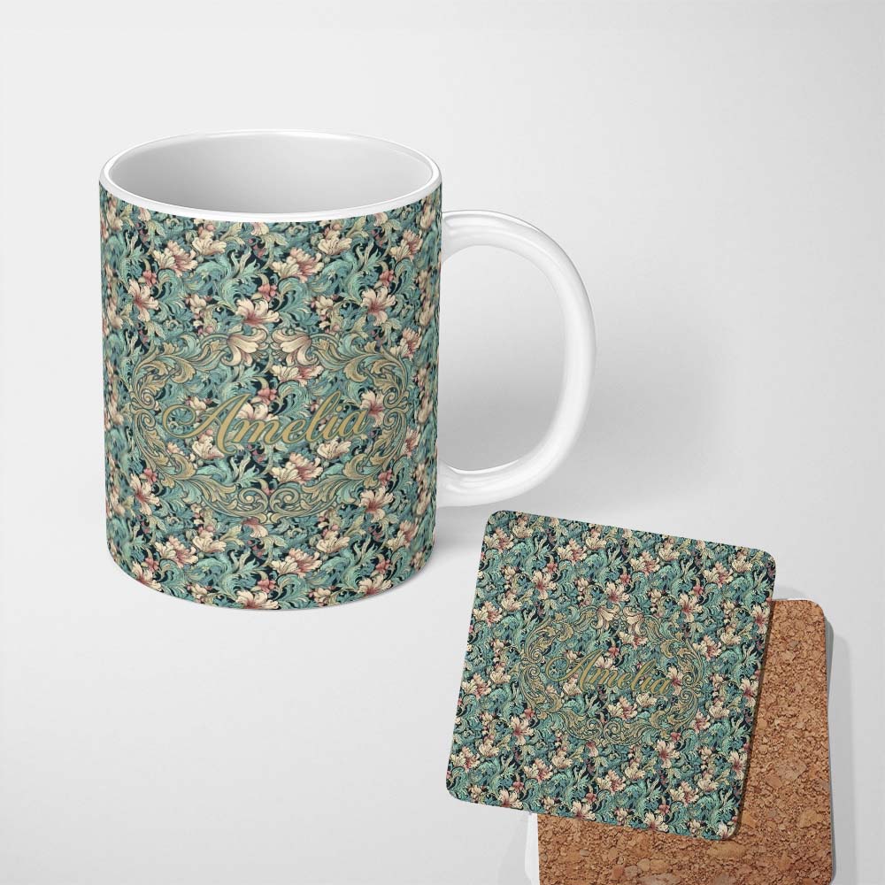 Personalized Custom Name Soft Teal Pink Floral Vine Classic Seamless Pattern Name Cute 11oz Ceramic Coffee Tea Mug White Large Handle