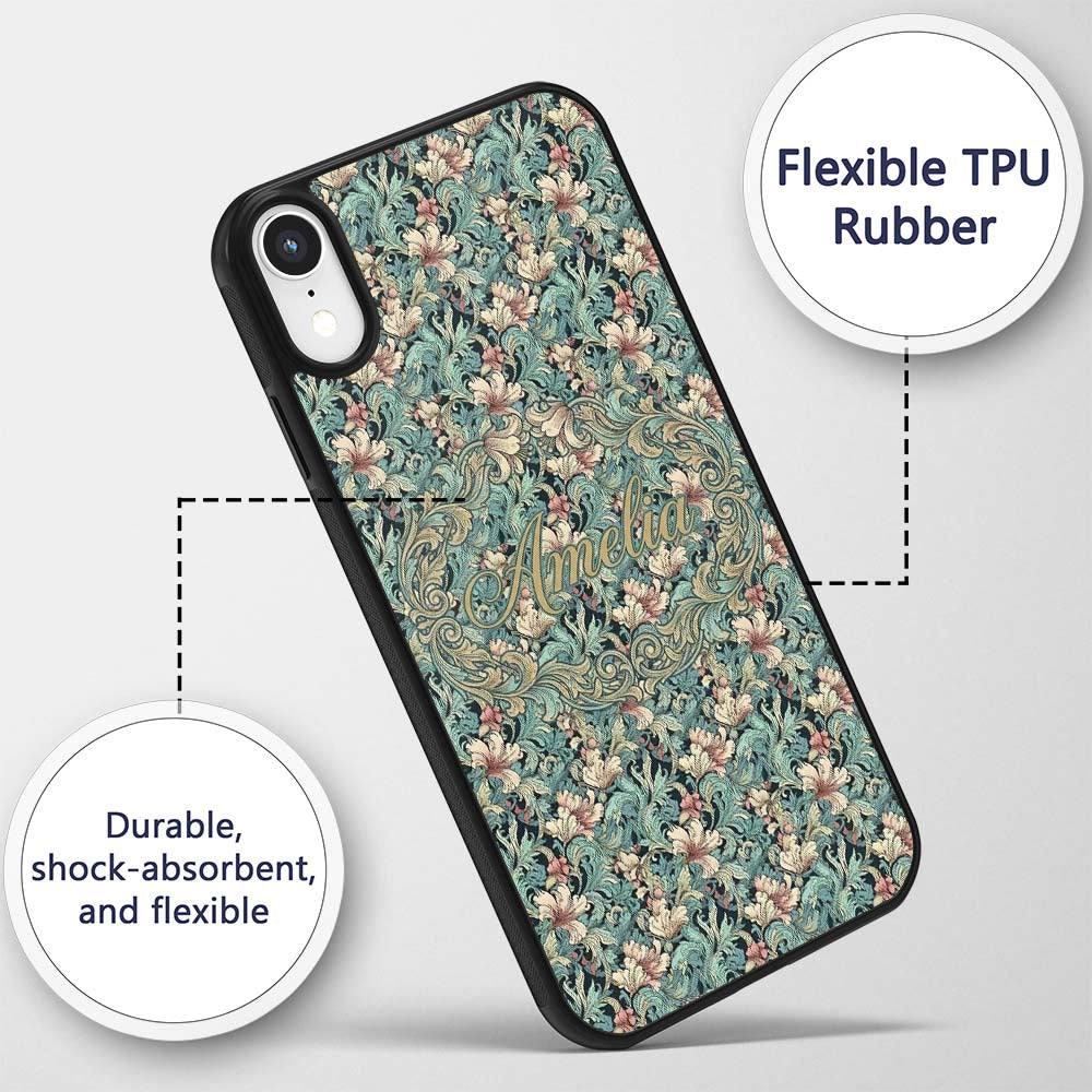Soft Teal Pink Floral Vine Classic Printed Design Custom Name Protective Phone Case Mobile Cover Durable Everyday Smartphone Shock Resistant