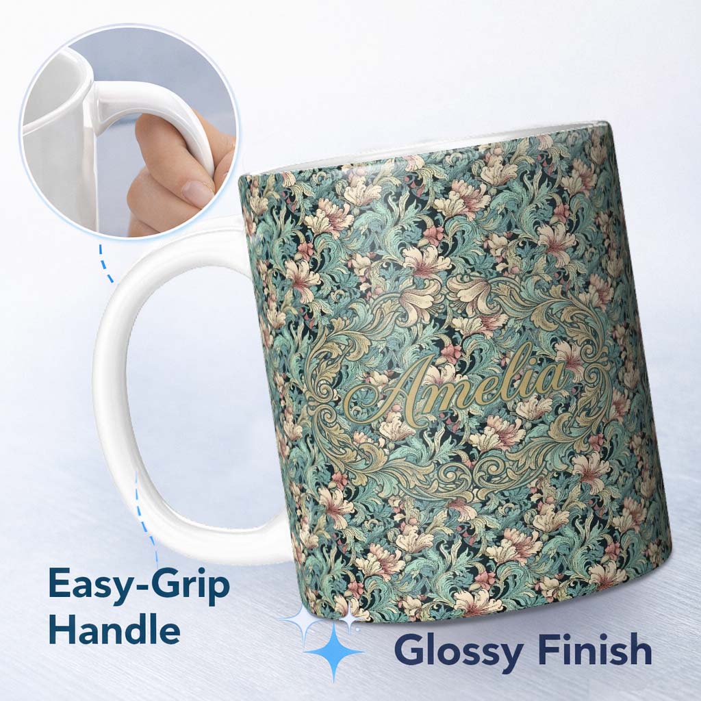 Personalized Custom Name Soft Teal Pink Floral Vine Classic Seamless Pattern Name Cute 11oz Ceramic Coffee Tea Mug White Large Handle