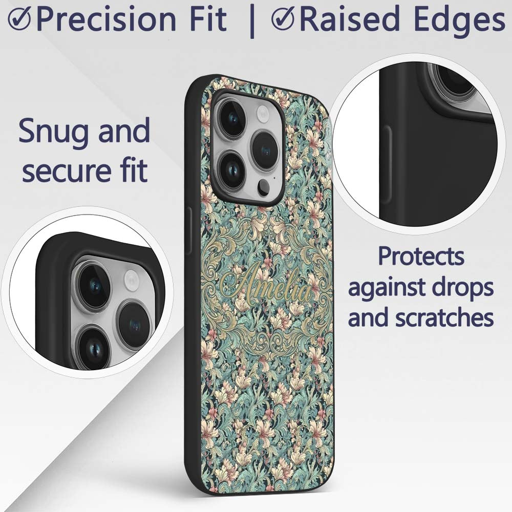 Soft Teal Pink Floral Vine Classic Printed Design Custom Name Protective Phone Case Mobile Cover Durable Everyday Smartphone Shock Resistant