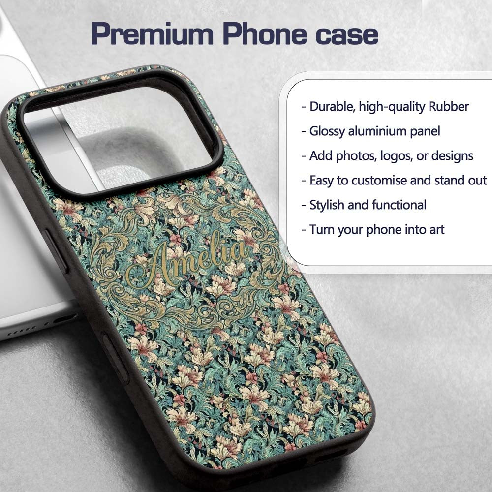 Soft Teal Pink Floral Vine Classic Printed Design Custom Name Protective Phone Case Mobile Cover Durable Everyday Smartphone Shock Resistant