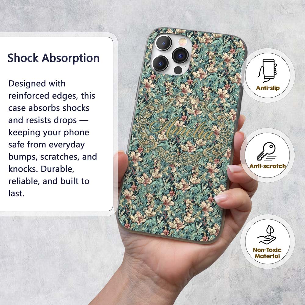 Soft Teal Pink Floral Vine Classic Printed Design Custom Name Protective Phone Case Mobile Cover Durable Everyday Smartphone Shock Resistant