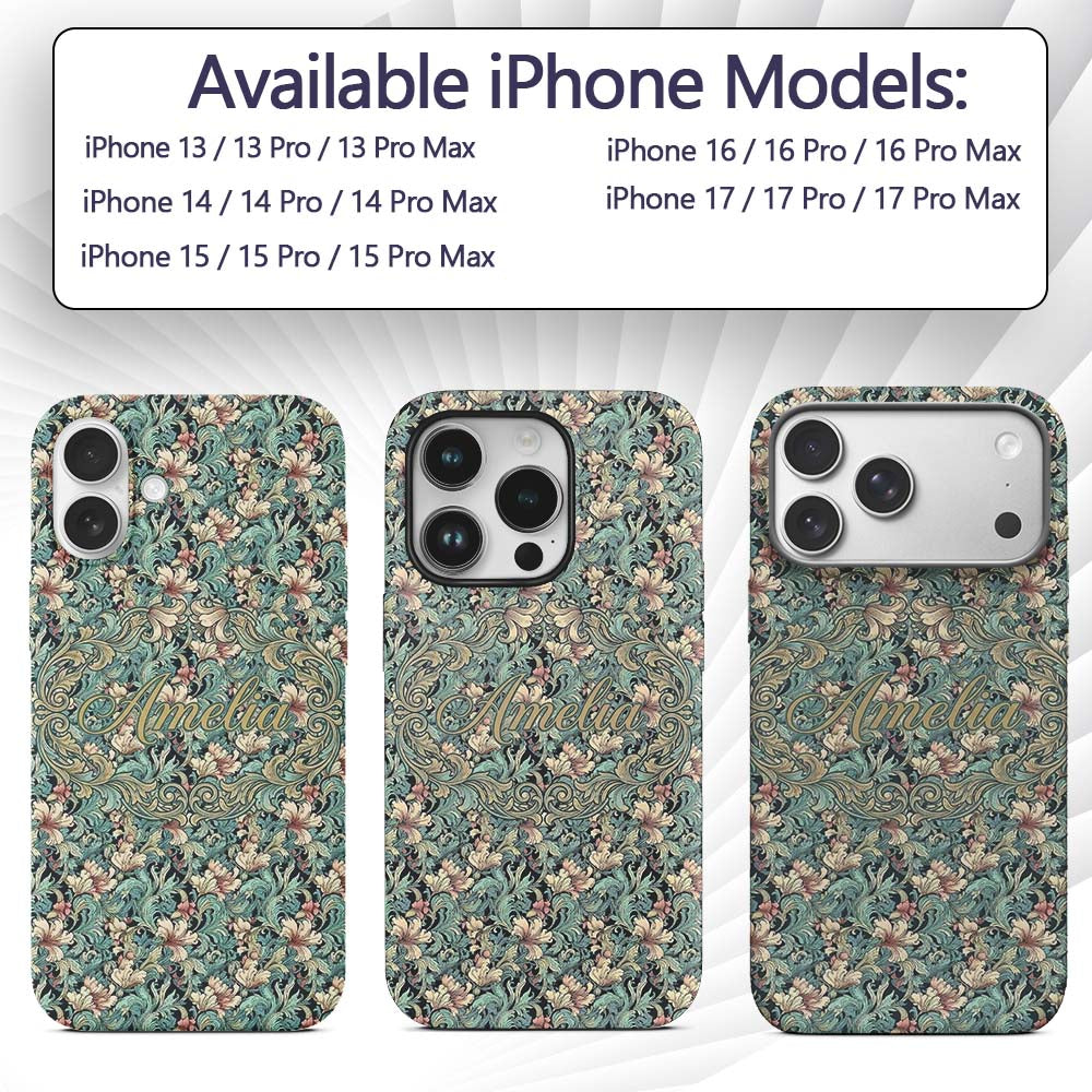 Soft Teal Pink Floral Vine Classic Printed Design Custom Name Protective Phone Case Mobile Cover Durable Everyday Smartphone Shock Resistant