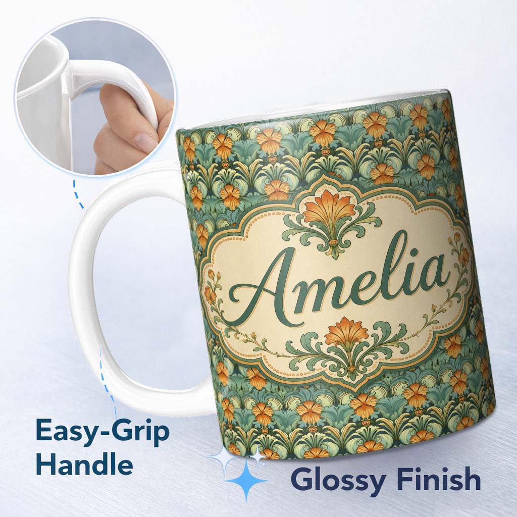 Personalized Custom Name Ornate Green Orange Floral Stripe Seamless Pattern Name Cute Unique 11oz Ceramic Coffee Tea Mug White Large Handle