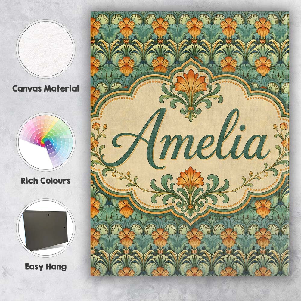 Personalised Name Ornate Green Orange Custom Modern Room Accent Creative Decorator Style Canvas Wall Art Print Decor Picture Ready to Hang