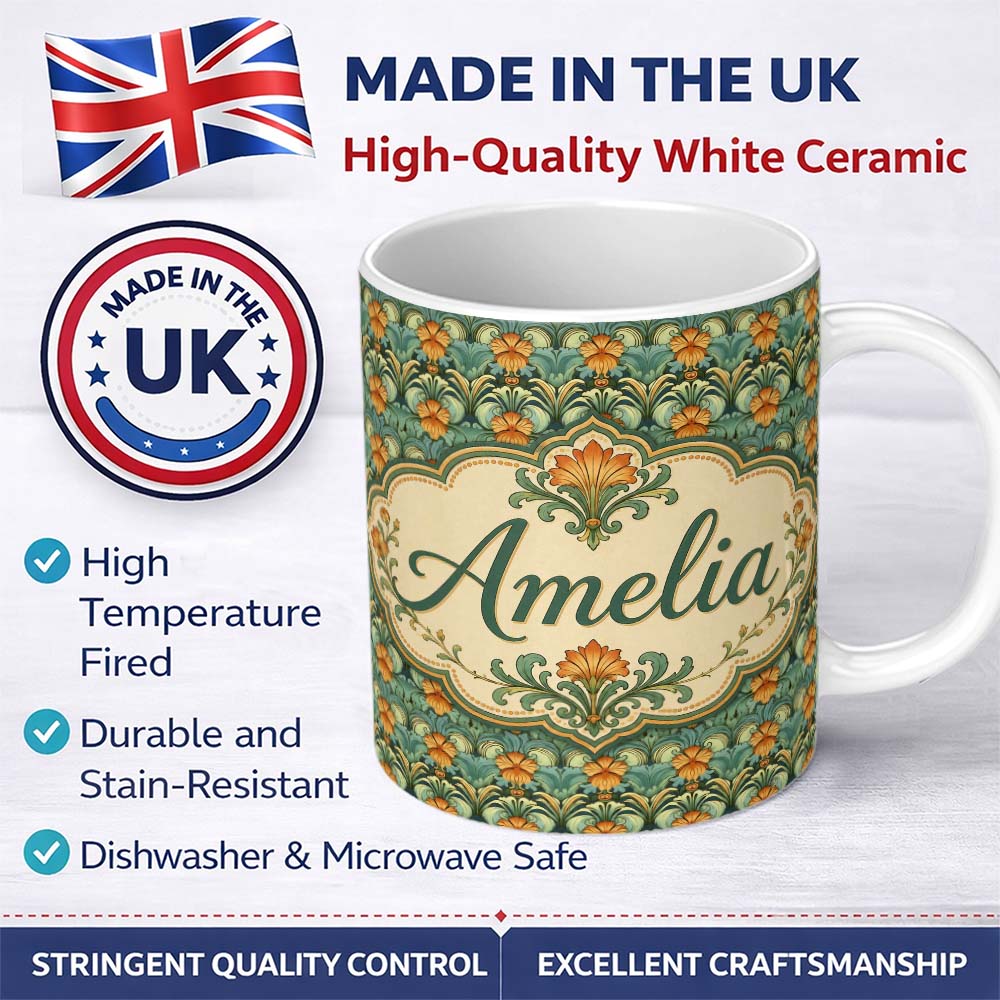 Personalized Custom Name Ornate Green Orange Floral Stripe Seamless Pattern Name Cute Unique 11oz Ceramic Coffee Tea Mug White Large Handle