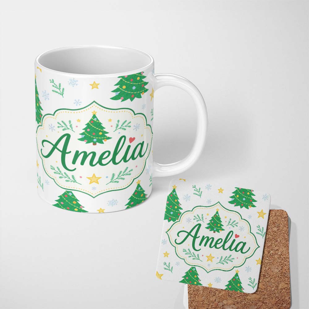 Personalized Custom Name Decorated Christmas Trees with Stars and Snowflakes Bright Holiday 11oz Ceramic Coffee Tea Mug White Large Handle
