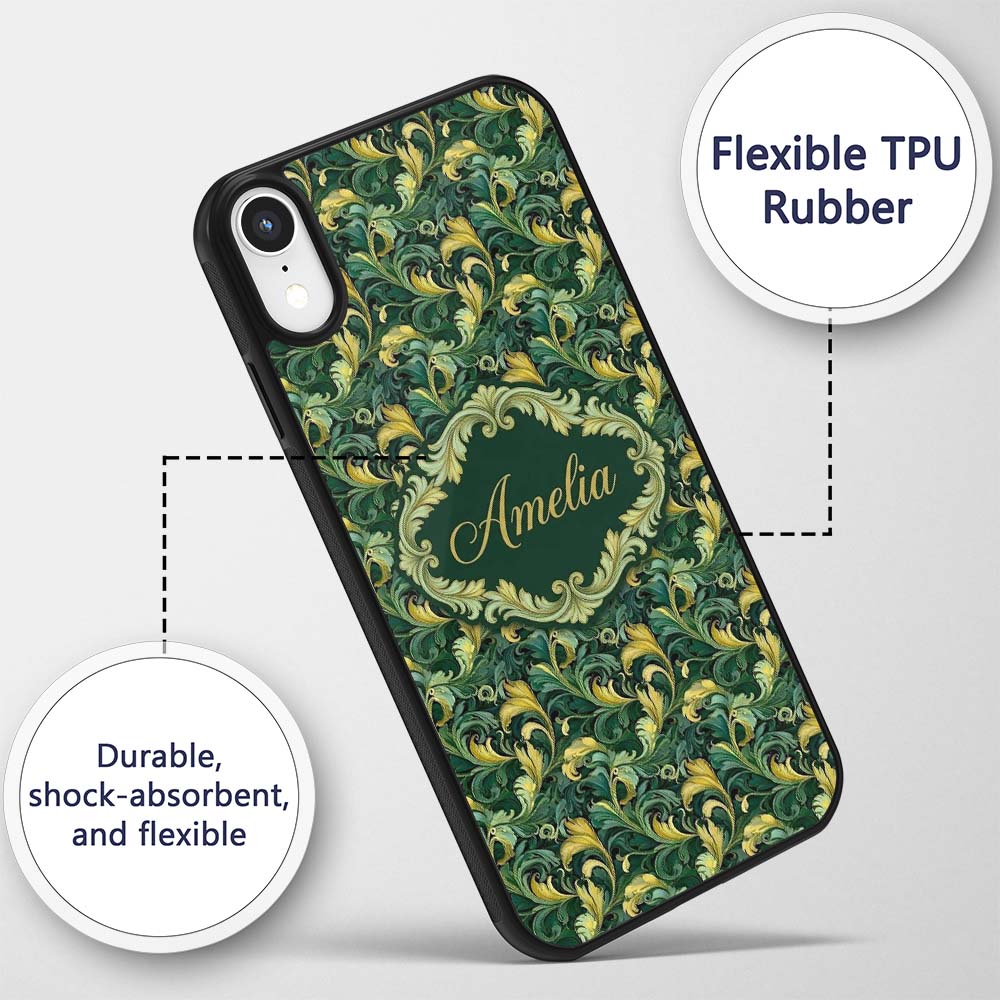 Deep Green Gold Leaf Swirl Seamless Pattern Name Custom Name Protective Phone Case Mobile Cover Durable Everyday Smartphone Shock Resistant