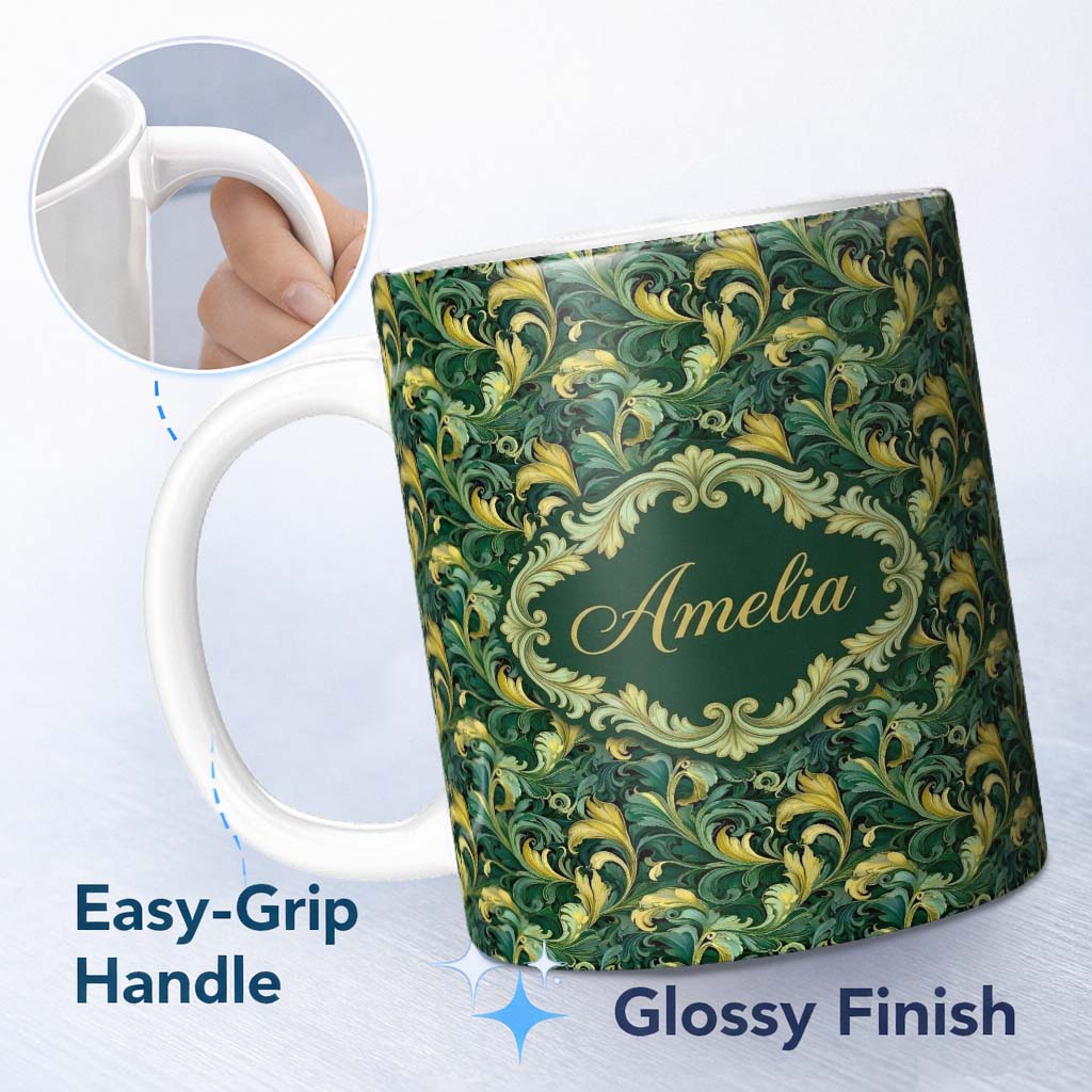 Personalized Custom Name Deep Green Gold Leaf Swirl Seamless Pattern Name Cute Unique Gift 11oz Ceramic Coffee Tea Mug White Large Handle