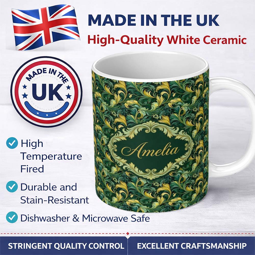 Personalized Custom Name Deep Green Gold Leaf Swirl Seamless Pattern Name Cute Unique Gift 11oz Ceramic Coffee Tea Mug White Large Handle