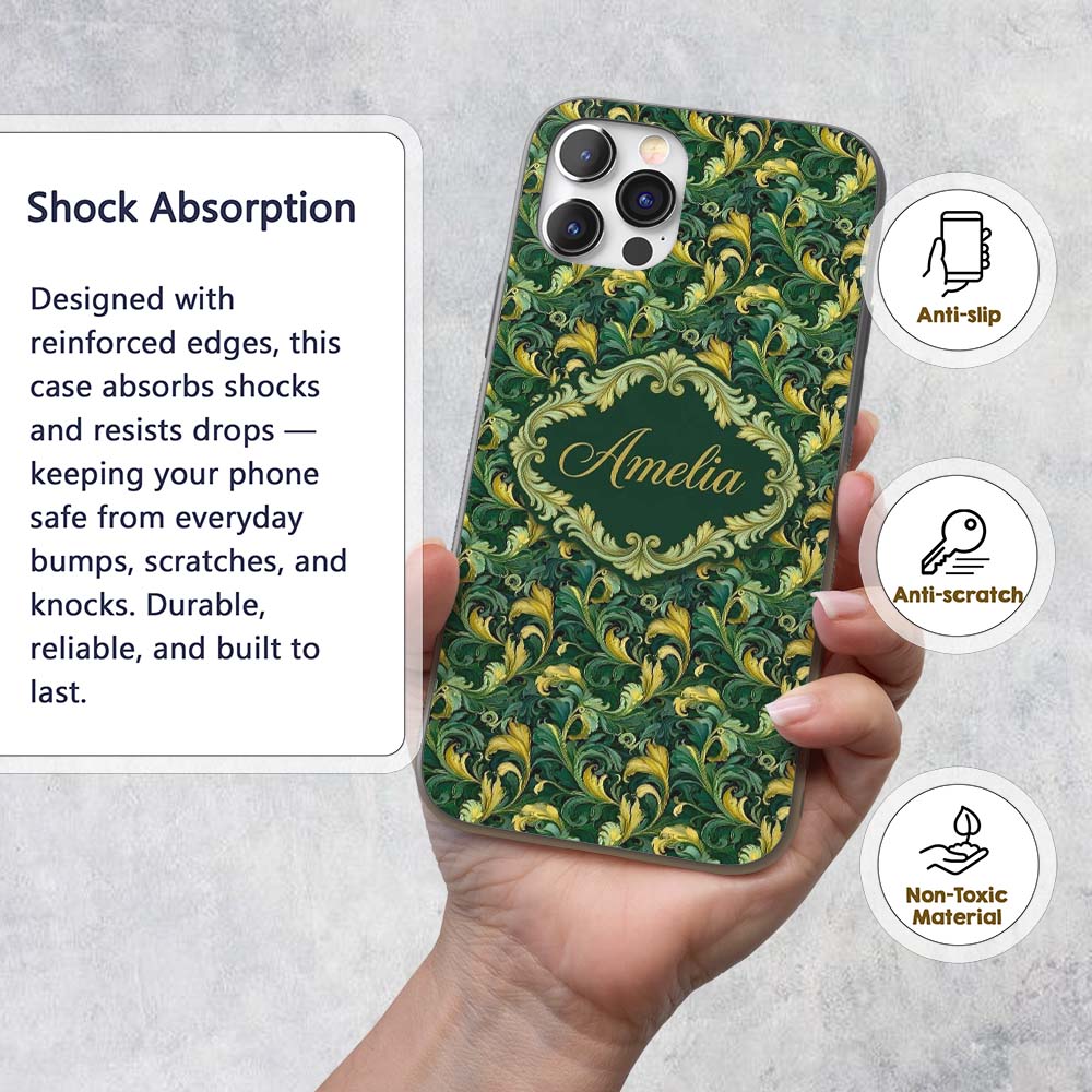 Deep Green Gold Leaf Swirl Seamless Pattern Name Custom Name Protective Phone Case Mobile Cover Durable Everyday Smartphone Shock Resistant