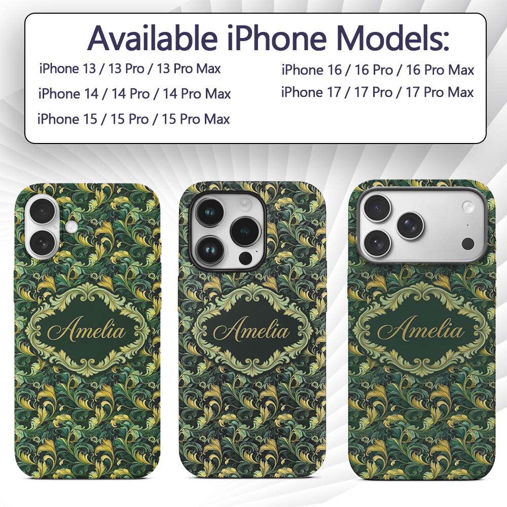 Deep Green Gold Leaf Swirl Seamless Pattern Name Custom Name Protective Phone Case Mobile Cover Durable Everyday Smartphone Shock Resistant