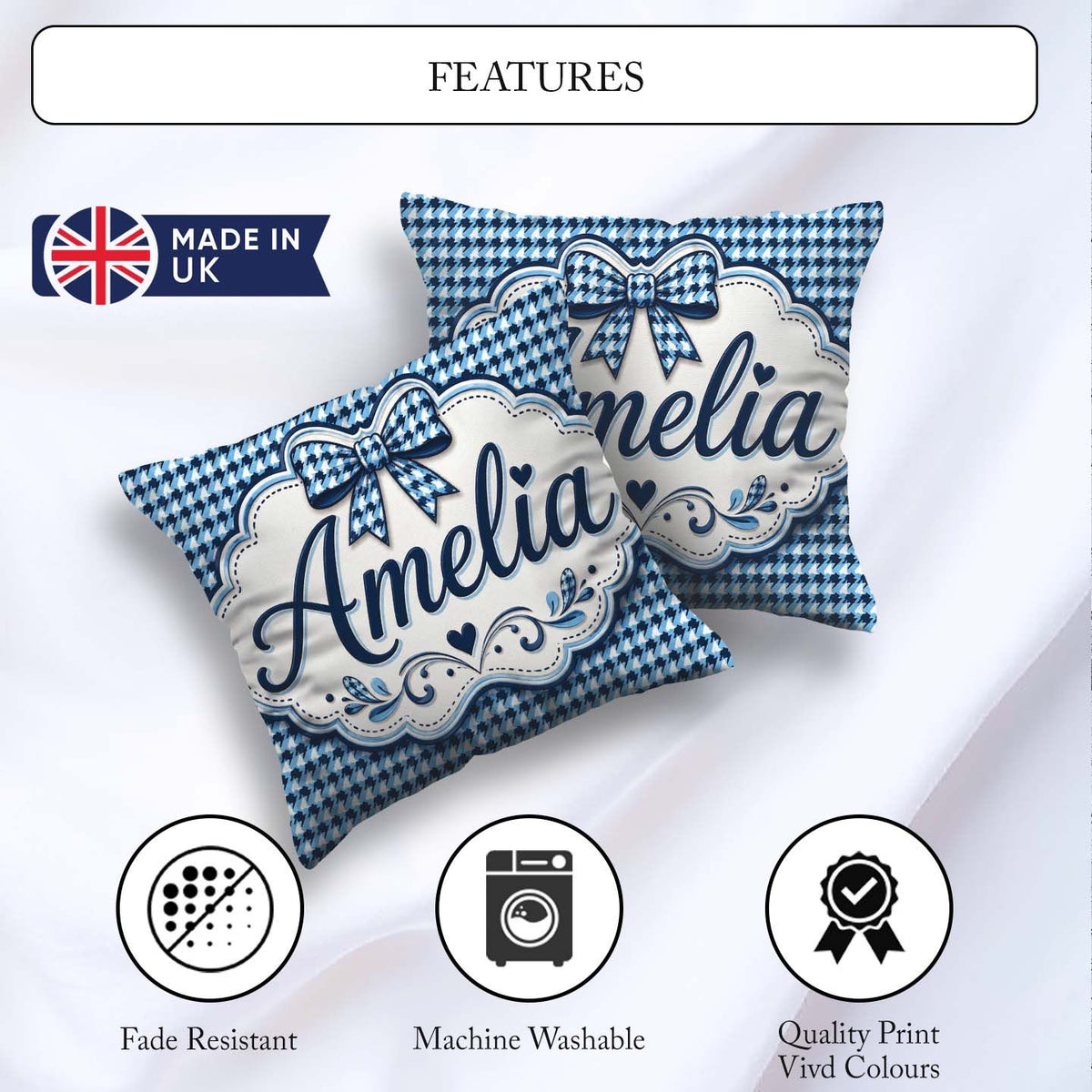 Custom Name Blue Abstract Geometric Wave Seamless Pattern Cute Square Filled Cushion Throw Pillow Sofa Bed Home Decor Zip Washable UK Made