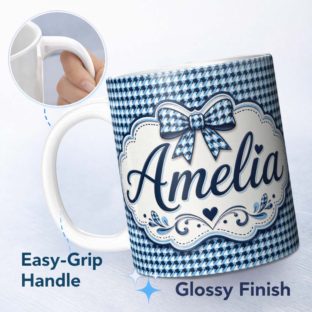 Personalized Custom Name Blue Abstract Geometric Wave Seamless Pattern Custom Name Cute 11oz Ceramic Coffee Tea Mug White Large Handle