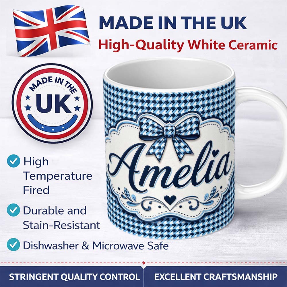 Personalized Custom Name Blue Abstract Geometric Wave Seamless Pattern Custom Name Cute 11oz Ceramic Coffee Tea Mug White Large Handle