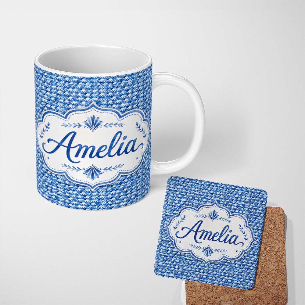 Personalized Custom Name Blue Abstract Brush Stroke Texture Seamless Pattern Name Cute 11oz Ceramic Coffee Tea Mug White Large Handle