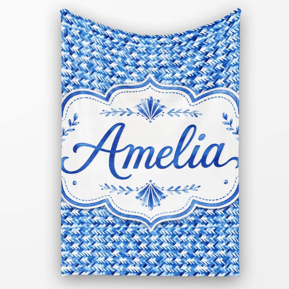 Blue Abstract Brush Stroke Texture Seamless Pattern Name Cute Personalised Custom Name Super Soft Fleece Blanket Bed Sofa Throw