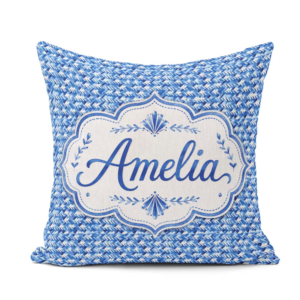 Custom Name Blue Abstract Brush Stroke Texture Pattern Name Cute Square Filled Cushion Throw Pillow Sofa Bed Home Decor Zip Washable UK Made