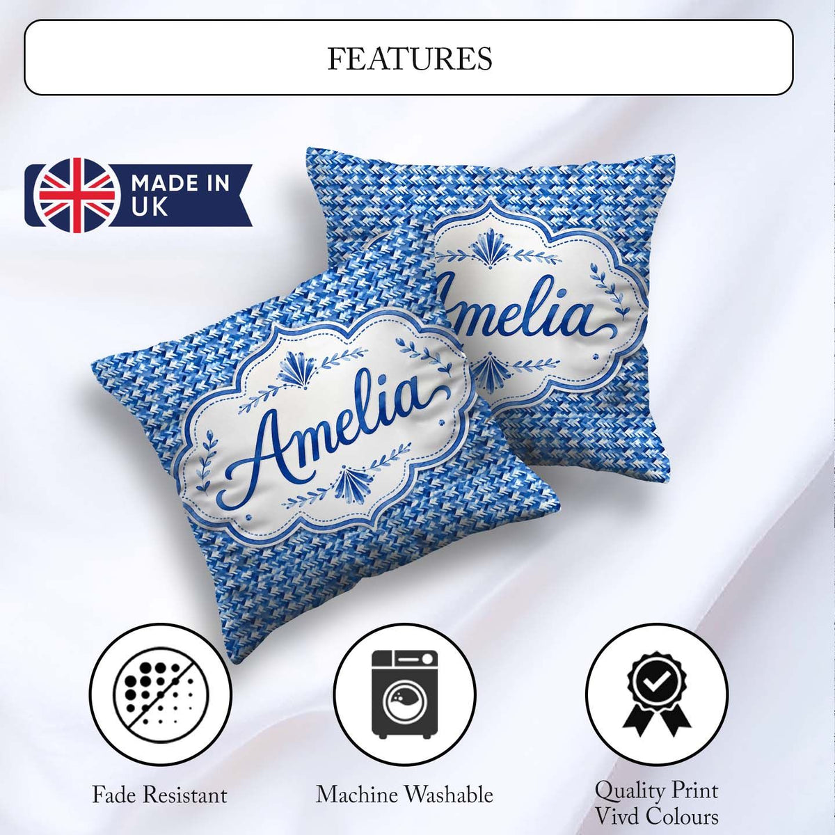 Custom Name Blue Abstract Brush Stroke Texture Pattern Name Cute Square Filled Cushion Throw Pillow Sofa Bed Home Decor Zip Washable UK Made
