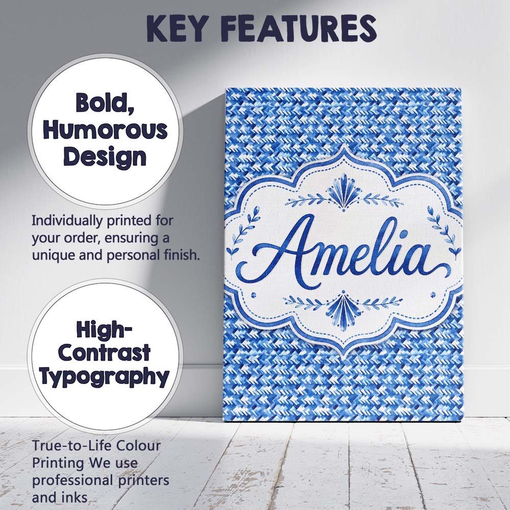 Personalised Name Blue Abstract Brush Custom Modern Room Accent Creative Decorator Style Canvas Wall Art Print Decor Picture Ready to Hang