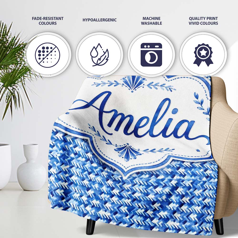 Blue Abstract Brush Stroke Texture Seamless Pattern Name Cute Personalised Custom Name Super Soft Fleece Blanket Bed Sofa Throw