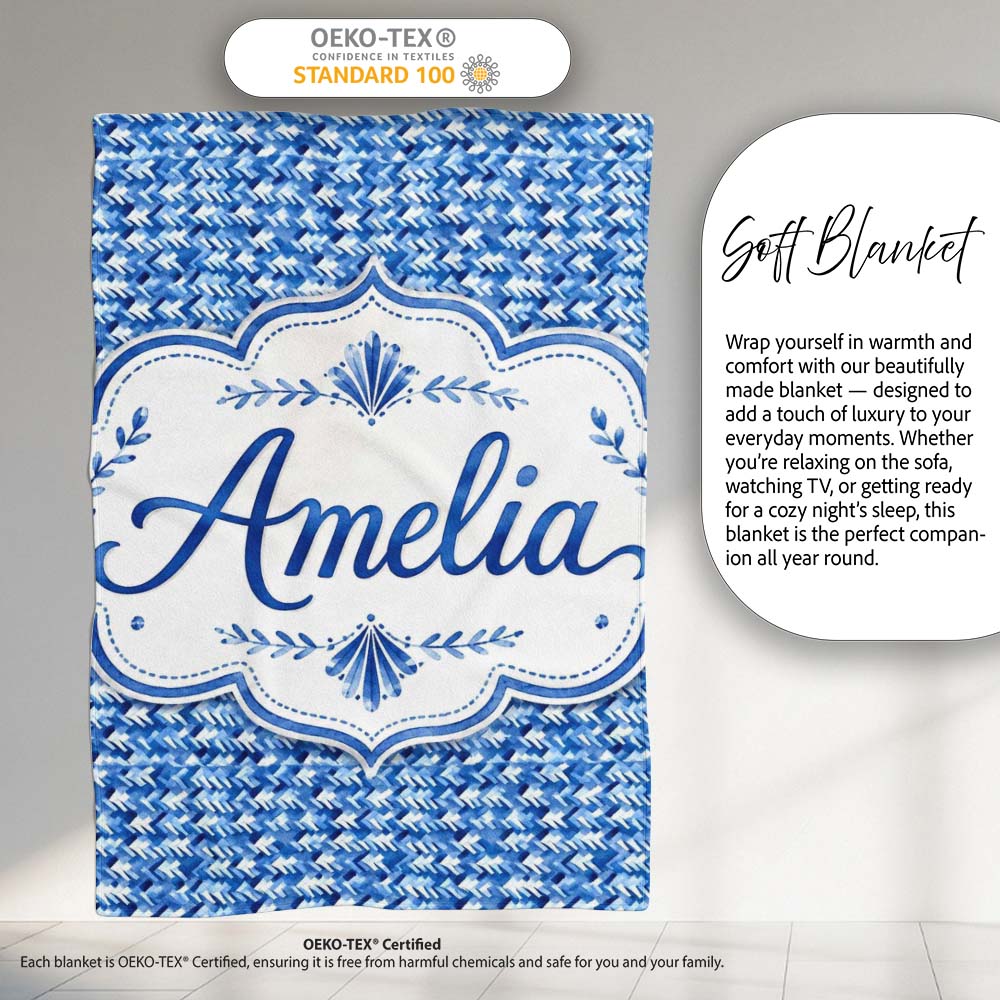 Blue Abstract Brush Stroke Texture Seamless Pattern Name Cute Personalised Custom Name Super Soft Fleece Blanket Bed Sofa Throw