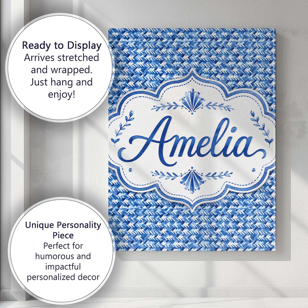 Personalised Name Blue Abstract Brush Custom Modern Room Accent Creative Decorator Style Canvas Wall Art Print Decor Picture Ready to Hang
