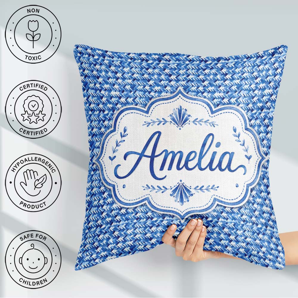 Custom Name Blue Abstract Brush Stroke Texture Pattern Name Cute Square Filled Cushion Throw Pillow Sofa Bed Home Decor Zip Washable UK Made