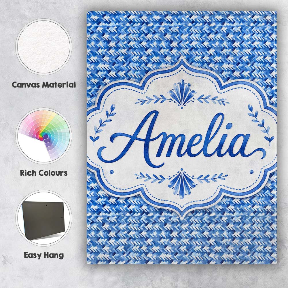 Personalised Name Blue Abstract Brush Custom Modern Room Accent Creative Decorator Style Canvas Wall Art Print Decor Picture Ready to Hang