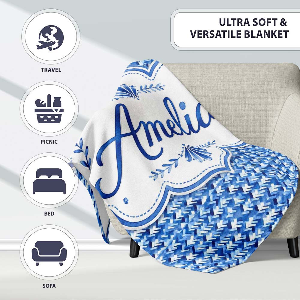 Blue Abstract Brush Stroke Texture Seamless Pattern Name Cute Personalised Custom Name Super Soft Fleece Blanket Bed Sofa Throw